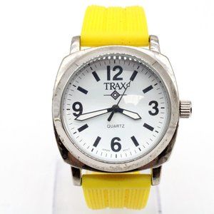 TRAX Watch Mens Silver Tone Stainless Steel Big Face Yellow Rubber Band